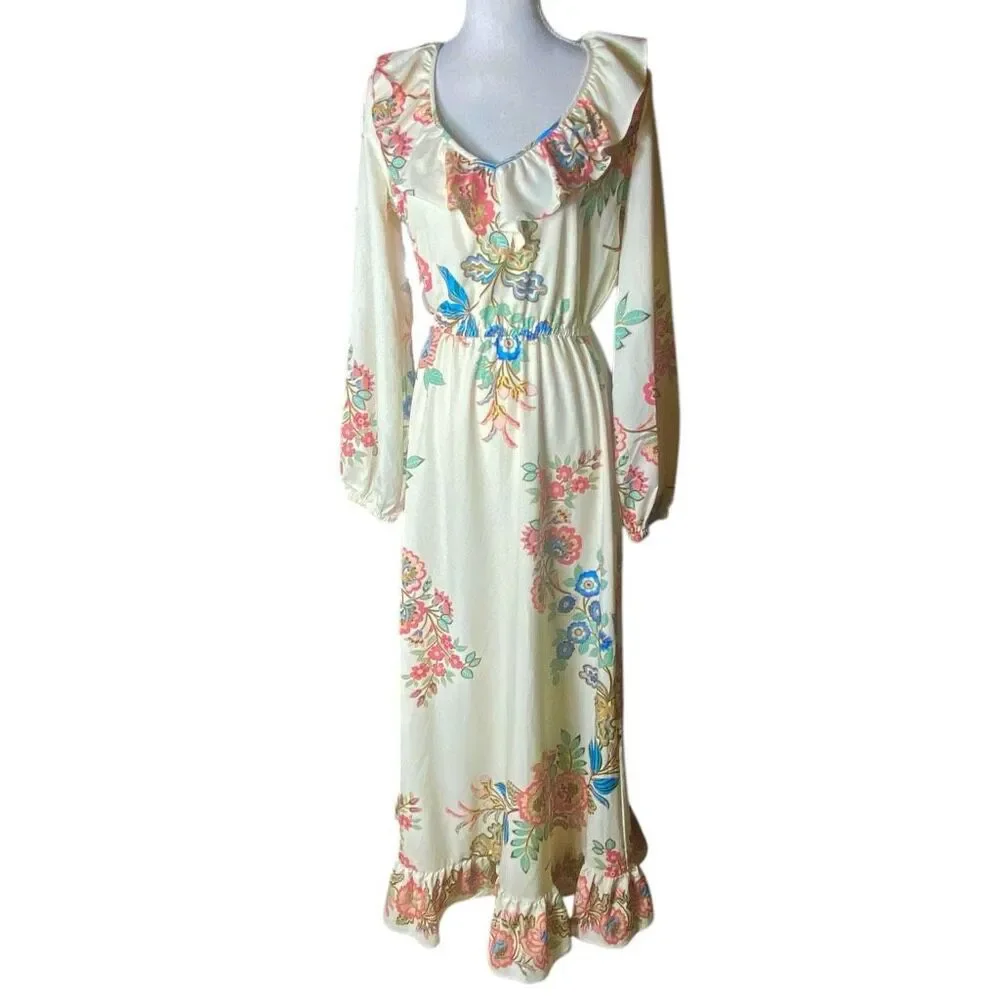 Boston Proper Floral Maxi Dress Boho Cottagecore Smocked Ruffle Sz 4